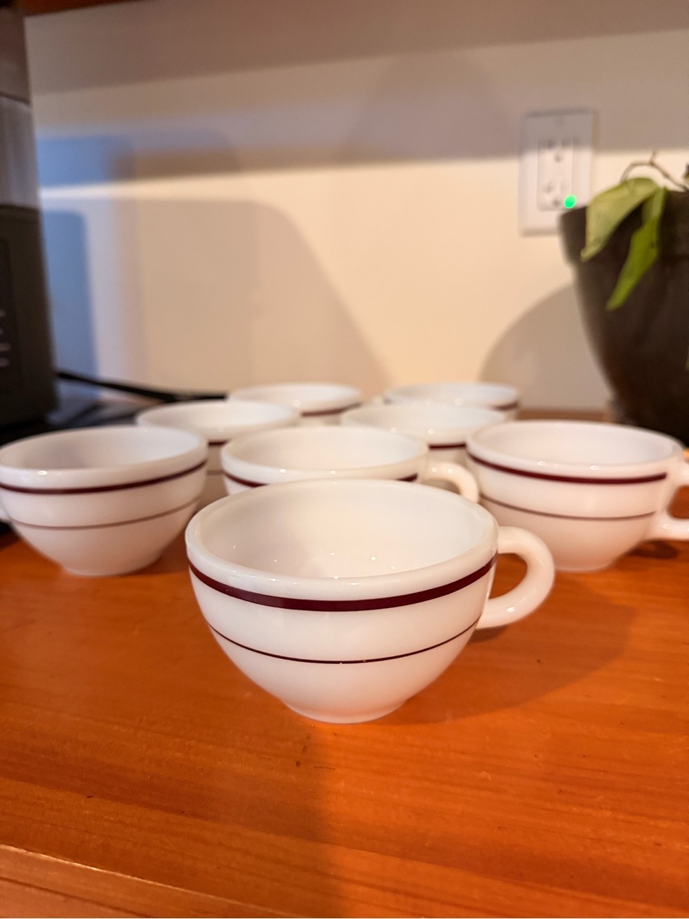 Vintage Anchor Hocking Milk Glass cups with brown trim set of 8